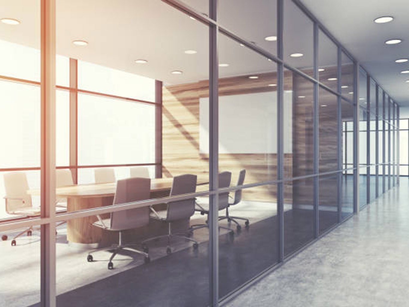 Side view of a wooden conference room interior with a long table and two rows of white office chairs by its sides. Horizontal poster. 3d rendering, mock up, toned image